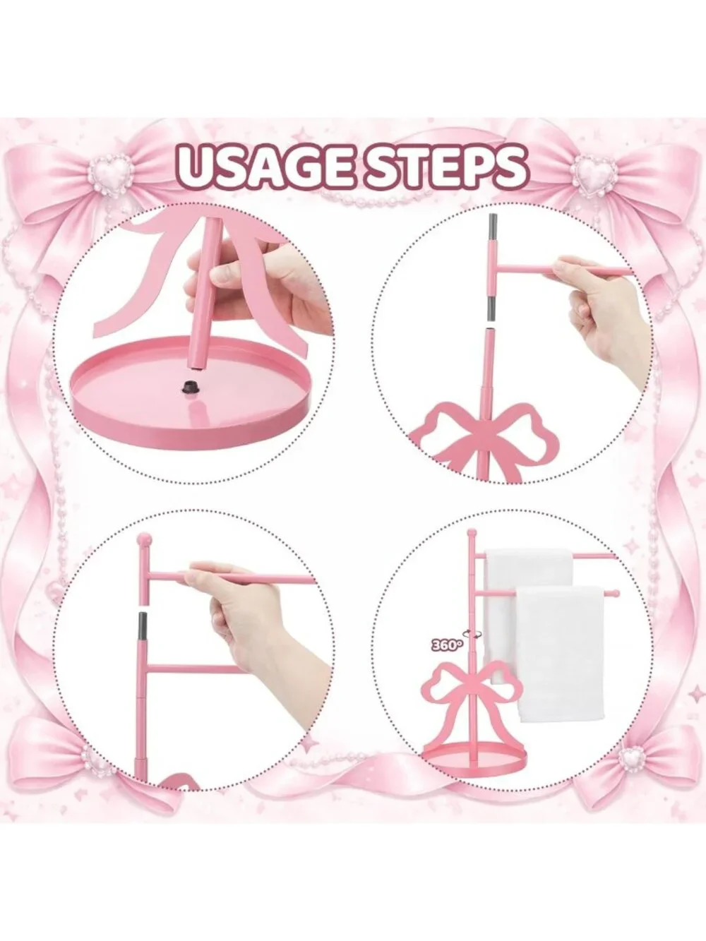 Cute Pink Bow Towel Holder - F-Shape Hand Towel Stand with Swivel Arms for